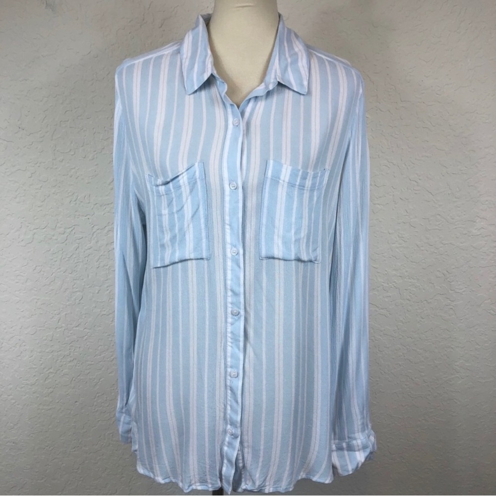 BP Macy’s O Leona blue and white striped long sleeve shirt